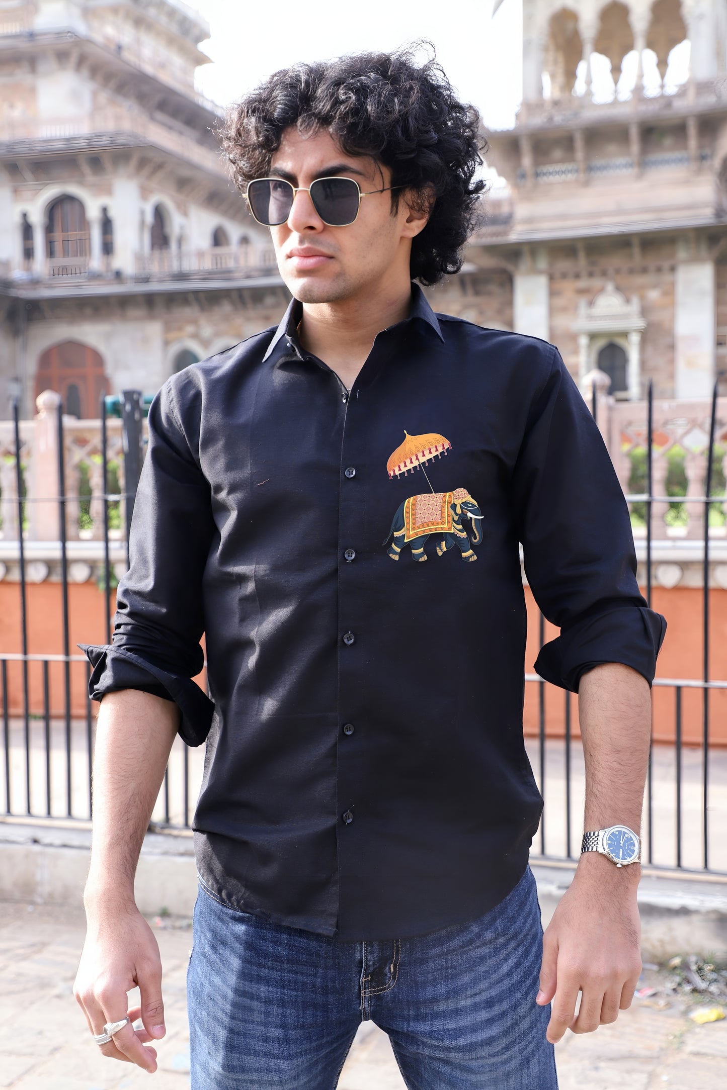 Elephant Printed Black Shirt