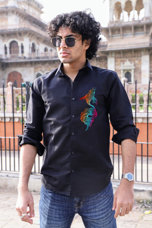 Colourful Fish Printed Black Shirt