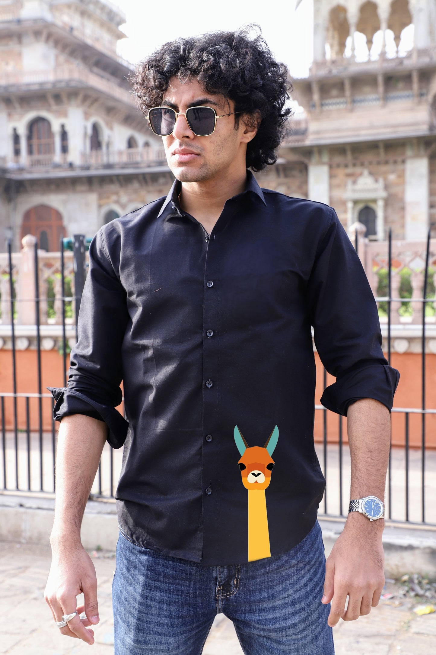 Giraffe Printed Black Shirt