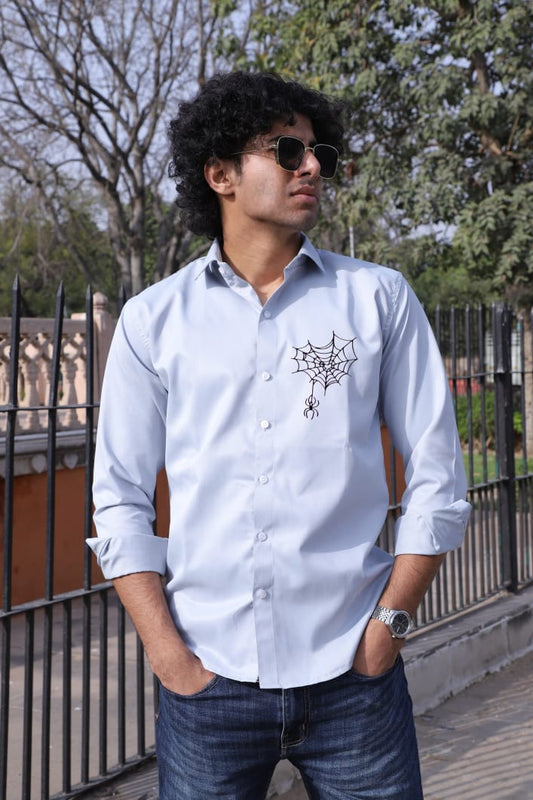 Spider Web Embroidered Grey Shirt