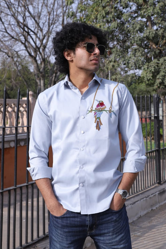 Bird Embroidered Grey Shirt