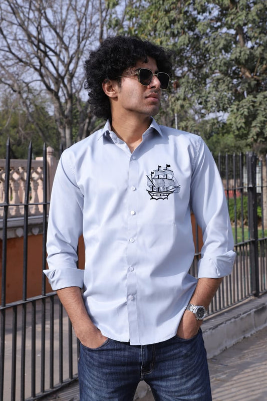 Ship Embroidered Grey Shirt