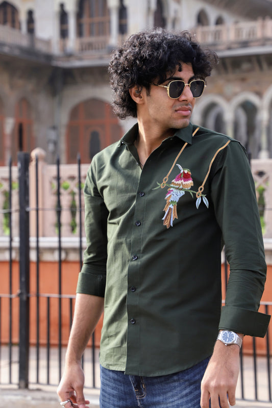 Bird Embroidered Bottle Green Shirt