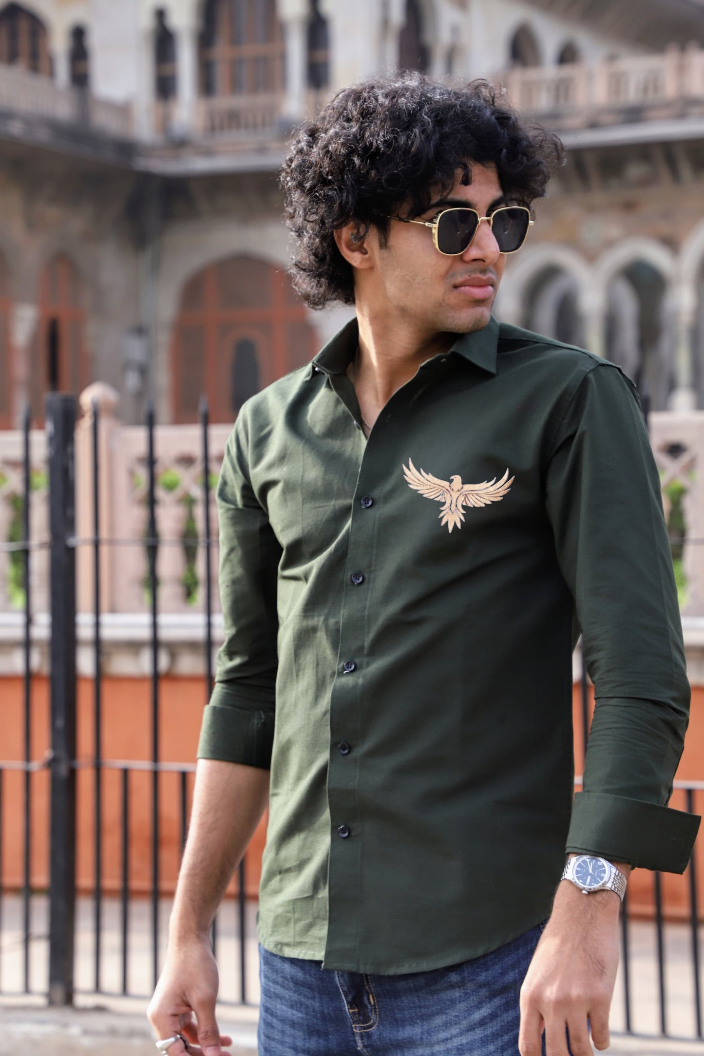 Falcon Embroidered Bottle Green Shirt