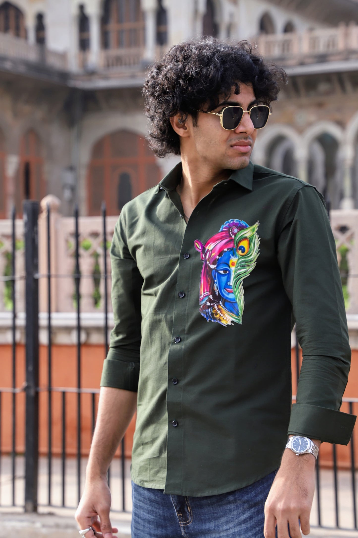 Krishna Printed Bottle Green Shirt