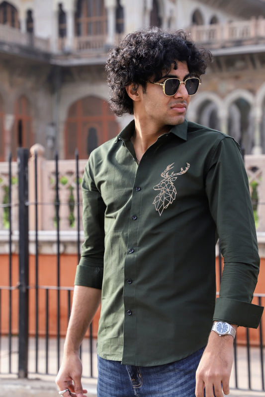 Deer Embroidered Bottle Green Shirt