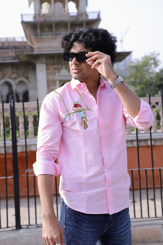 Bird Embroidered Pink Shirt