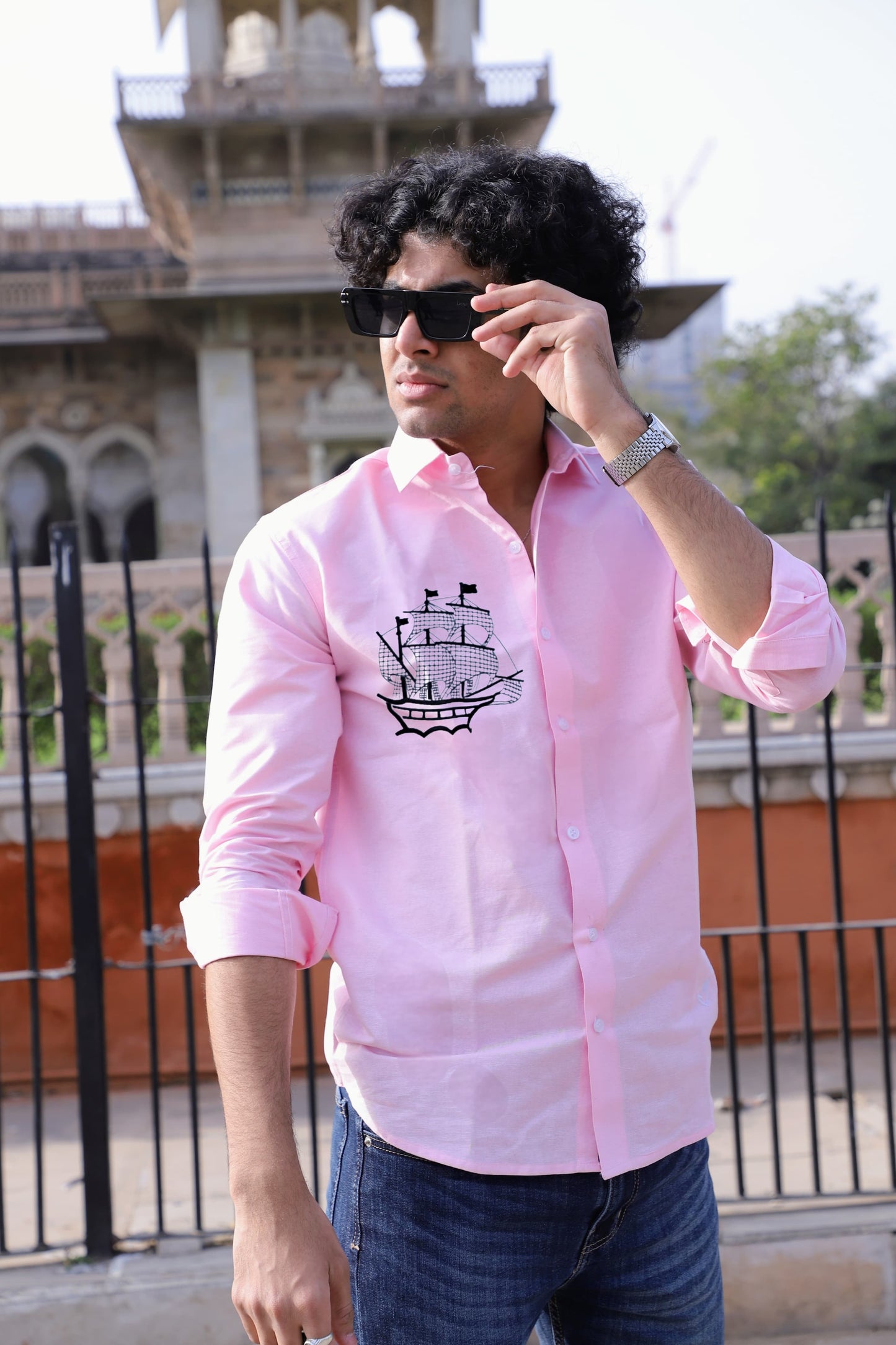 Ship Embroidered Pink Shirt