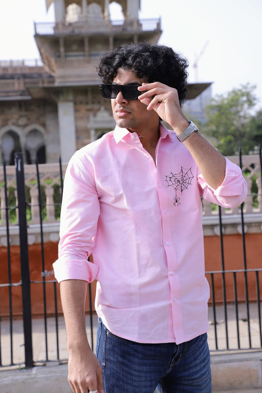 Spider Web Embroidered Pink Shirt