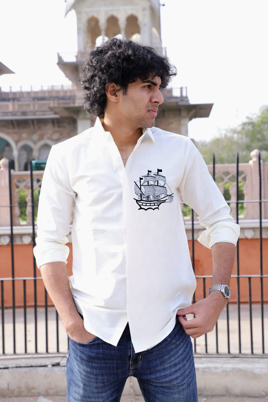 Ship Embroidered White Shirt