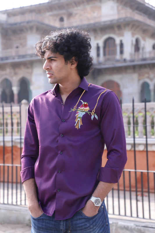 Bird Embroidered Wine Shirt