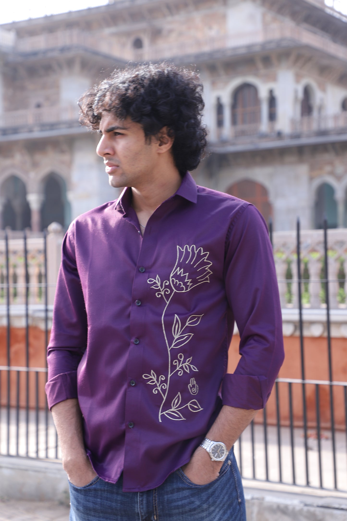 Wine Floral Embroidered Shirt