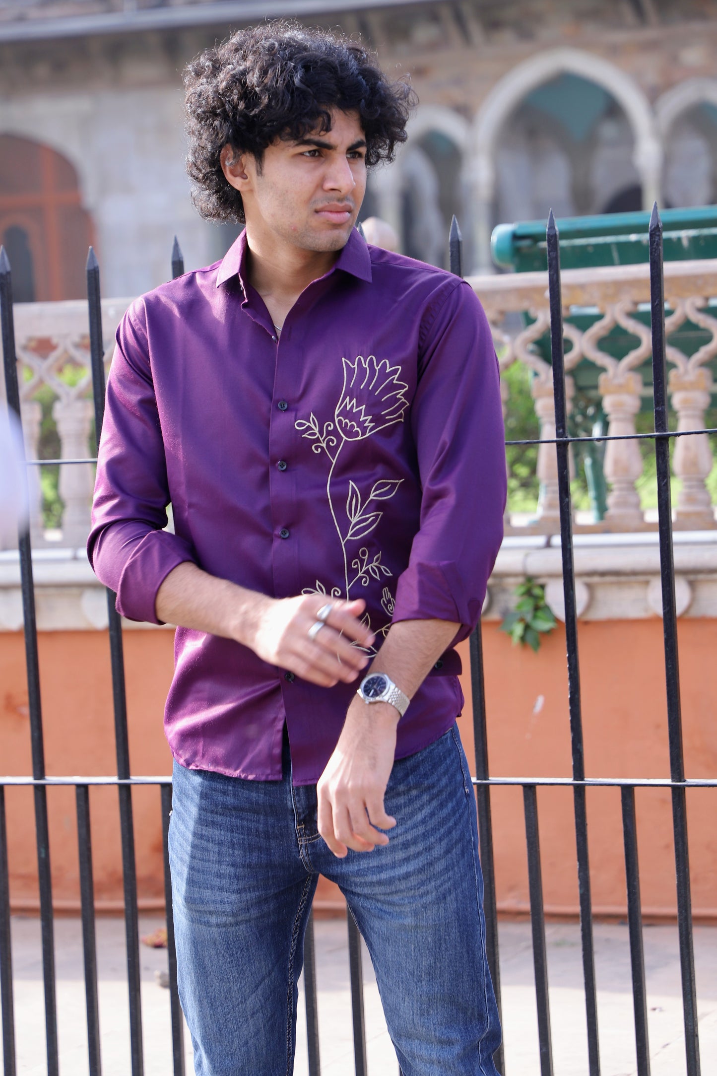 Wine Floral Embroidered Shirt