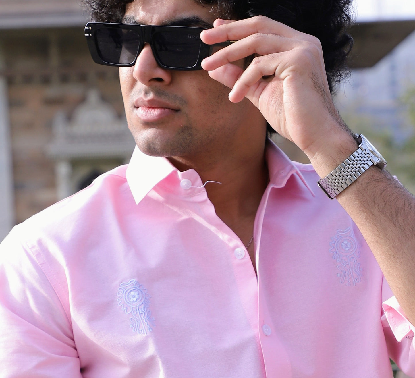 Pink Floral Embroidered Shirt