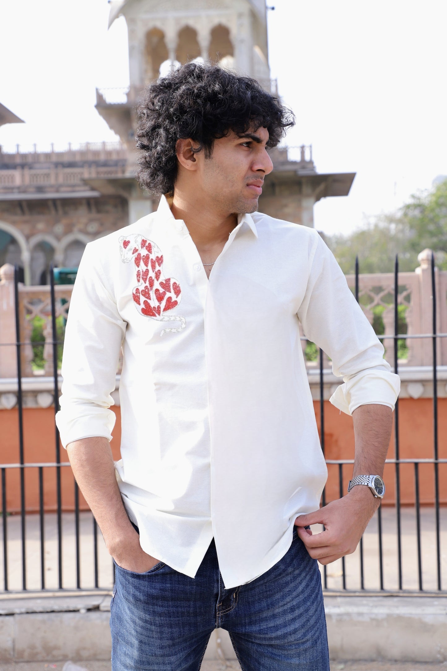 Red Hearts Leopard Embroidered White Shirt